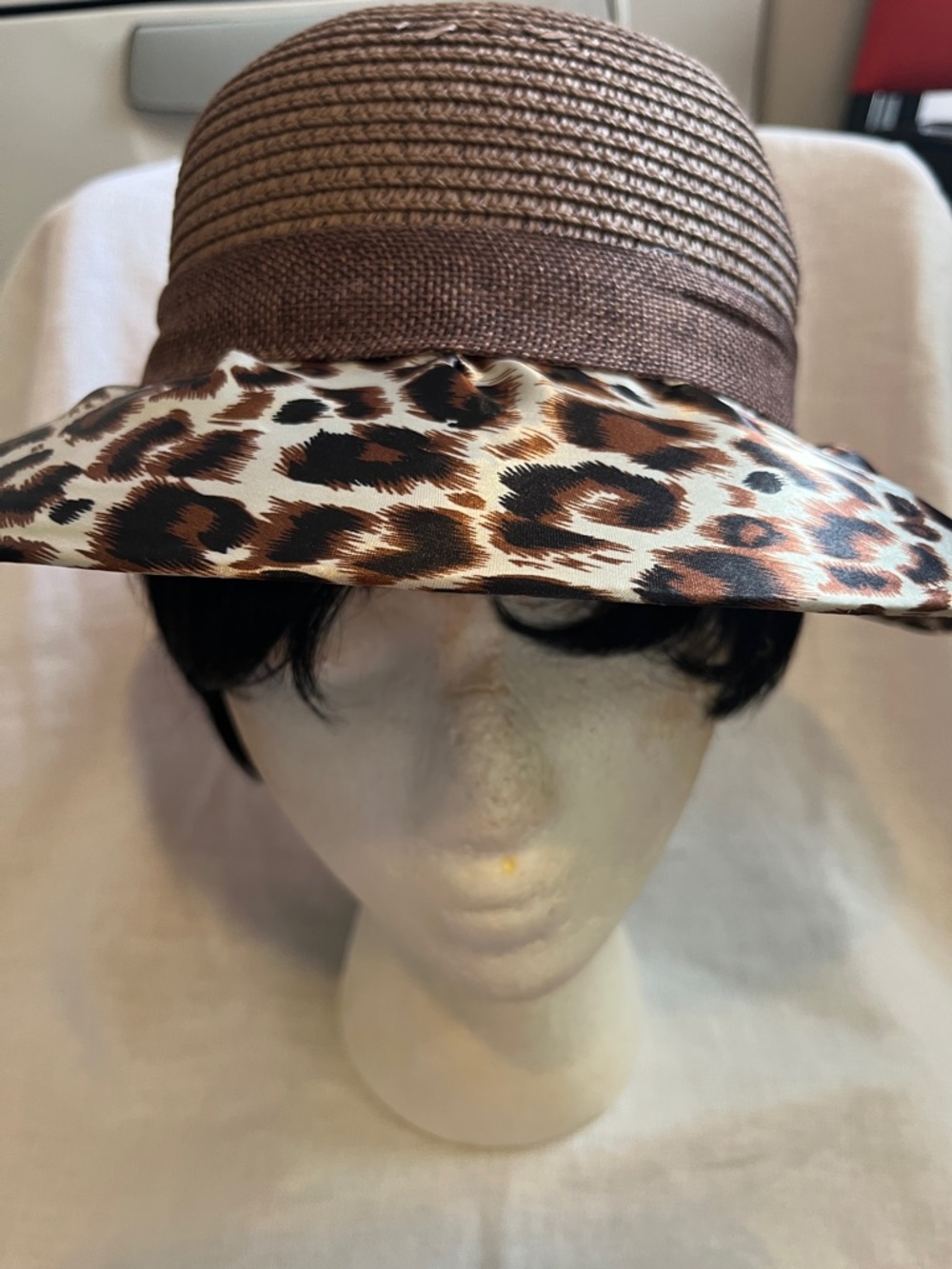 Women's Brown Straw Cloche Hat with Leopard-Print Brim